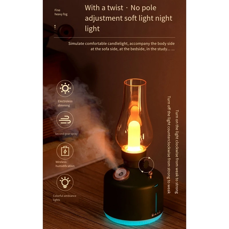 مرطب لتنقية الهواء 280 مل قابل لإعادة الشحن بقدرة 1200 مللي أمبير في الساعة + ضوء ليلي LED ملون لغرفة النوم باللون الأخضر