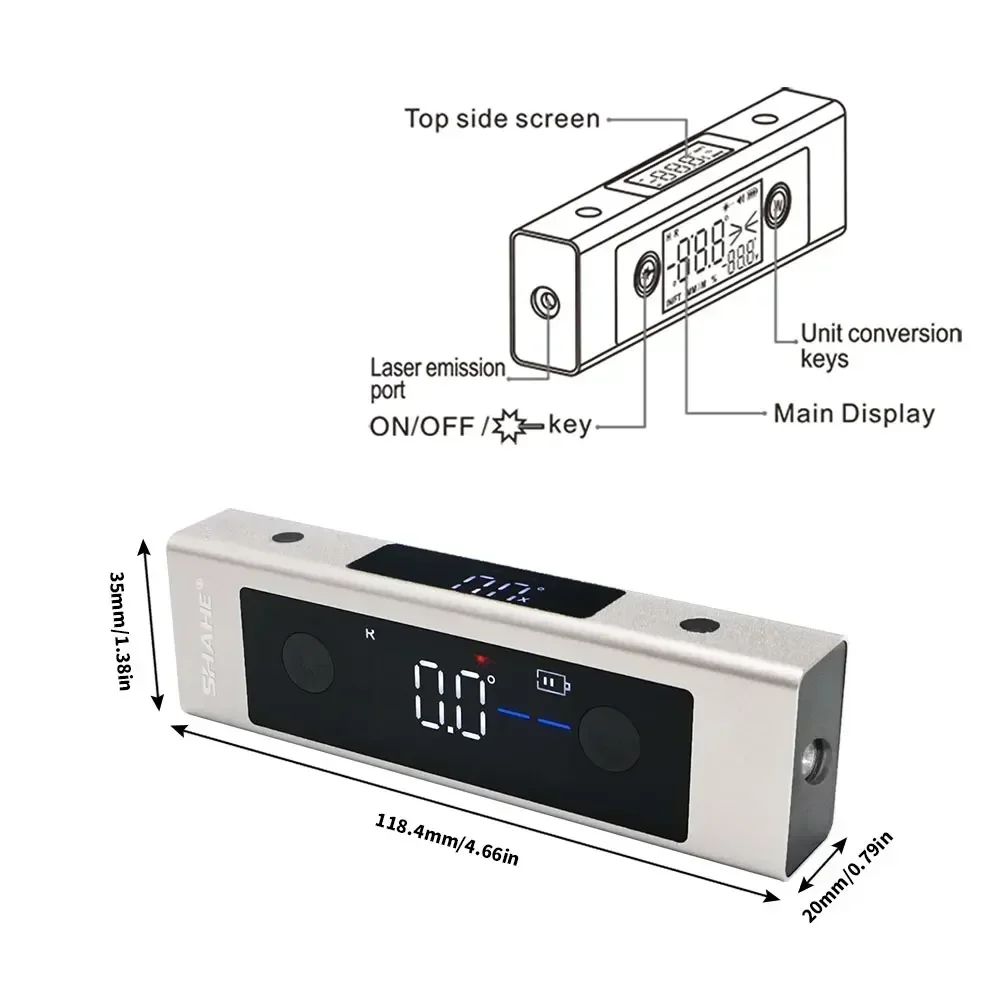 SHAHE 2 In 1 Laser Level Ruler Type-C Double Laser Angle Ruler Protractor Digital Inclinometer Measure Tool Protractor