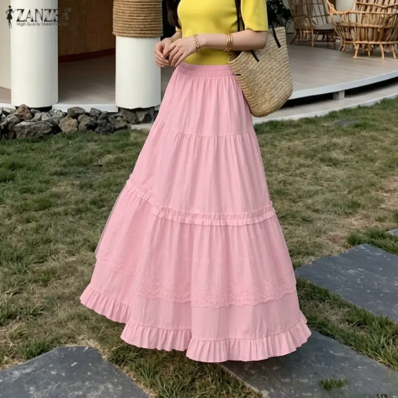 Elegant Women Lace Patchwork Skirt ZANZEA Summer Casual A-line Holiday Faldas Saia Jupe Elastic Waist Long Skirts Loose Sundress