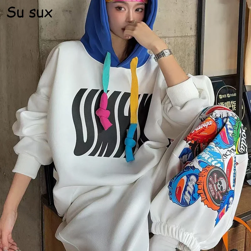 

Korean Fashion Oversized Hoodies&Sweatpants 2 Piece Set Woman Outfits Casual Patchwork Sweatershirts New In Matching Sets