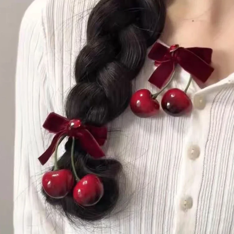 Velvet Bow  Red Cherry Hairpins Barrettes Girls Bow Ties Hairbows Ornament Versatile Sweet Pastoral Hair Clip Hair Accessories