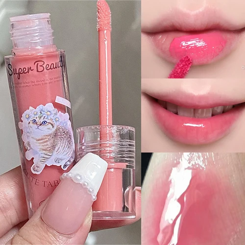 귀여운 고양이 거울 워터 립 글로스 투명 젤리 립 글레이즈, 방수 지속 액체 립스틱, 누드 핑크 틴트 메이크업 화장품 