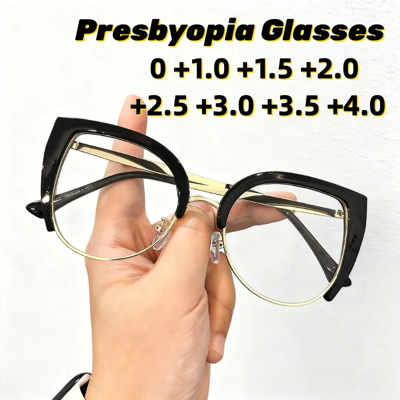 

New Vintage Oversized Cat-Eye Anti-Blue Light Reading Glasses Stylish Metal-Frame High-Definition Presbyopia Eyewear 0 To +4.0