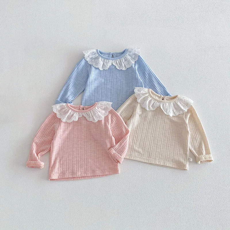 

MILANCEL New Spring Girls T-shirt 9M-5T Sweet Lace Collar Kids Base Layer Candy Color Baby Undershirt Thin Cute Children Clothes
