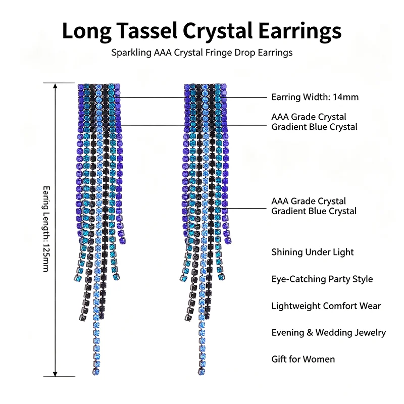 Women Long Tassel Dangle Earrings Gradient Blue AAA Crystal Fringe Drop Earrings Sparkling Rhinestone Statement Earrings for Prom Cocktail Club Evening Dress Accessories