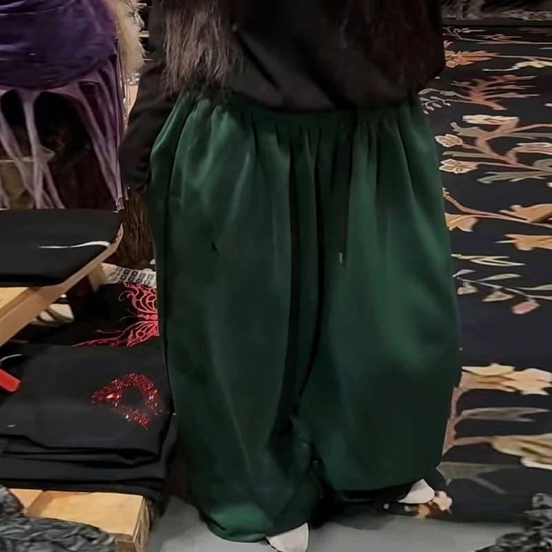 Deeptown Green Embroidery Wide Leg Women Dance Pants Gray American Vintage Oversized Straight Trousers Basic Casual Hip Hop