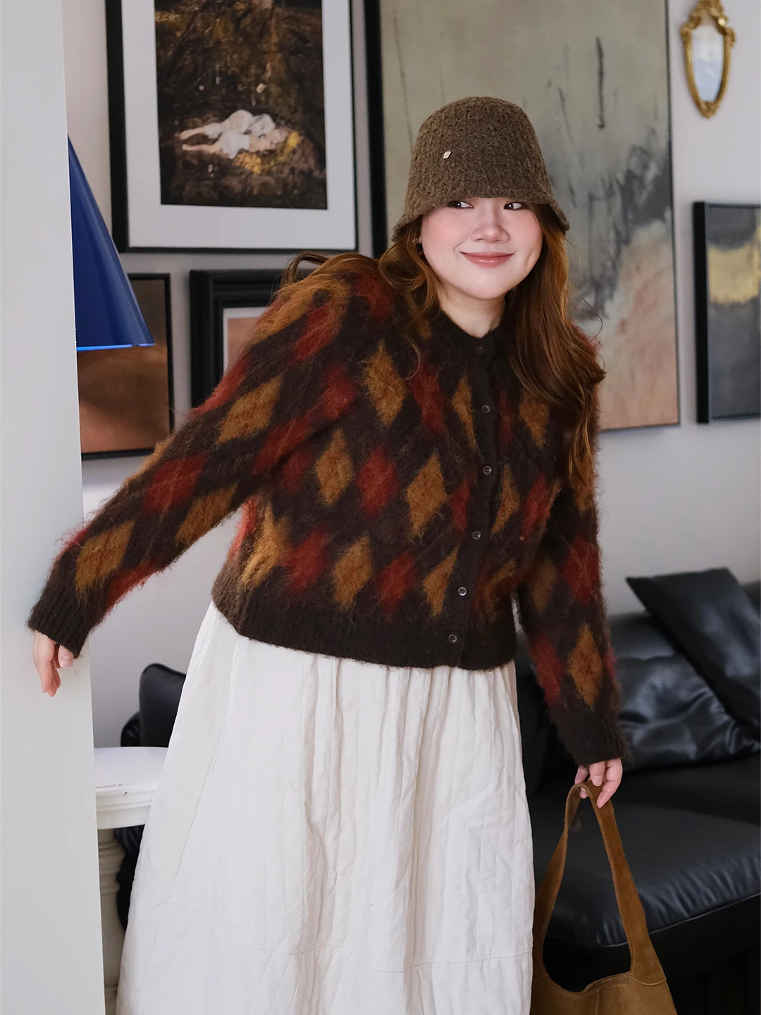 

Korean Sle Simple Diamond Pattern Long Sve round Ne Knitted Cardigan Versatile Top Commute High Waist A-Line Skirt