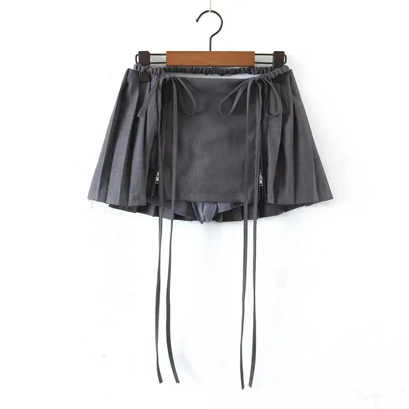 

European and American Design Sense High Waist Double Drawstring Half Skirt for Spicy Girls Folded A-Line Mini Short Skirt