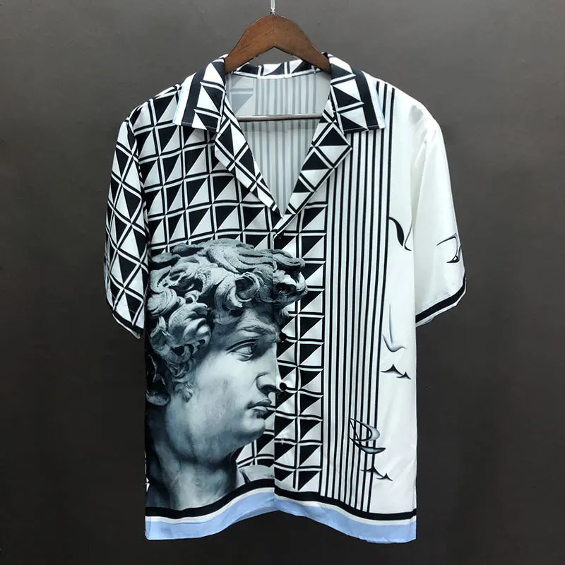 

2023 Color Contrast Portrait Print Short Sleeve Shirt Streetwear Social Party Blusa Camisa Masculina Hawaii Shirt Chemise Homme