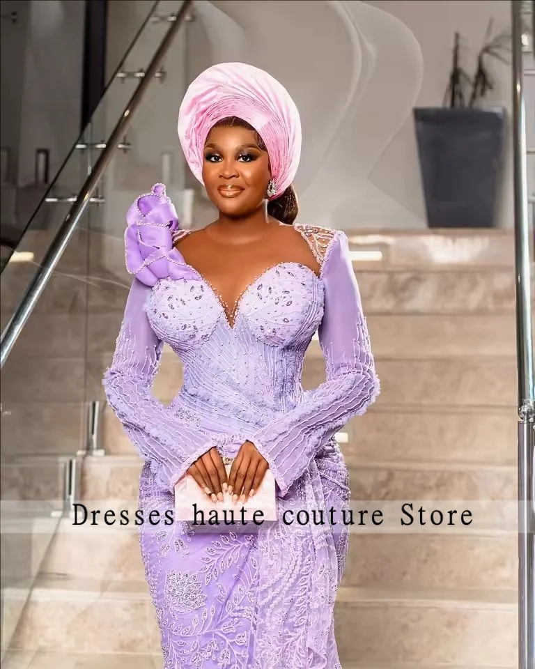 Lindo laço lilás africano tradicional vestido de noiva aso ebi vestidos de recepção de casamento preto feminino formal vestidos de festa personalizado