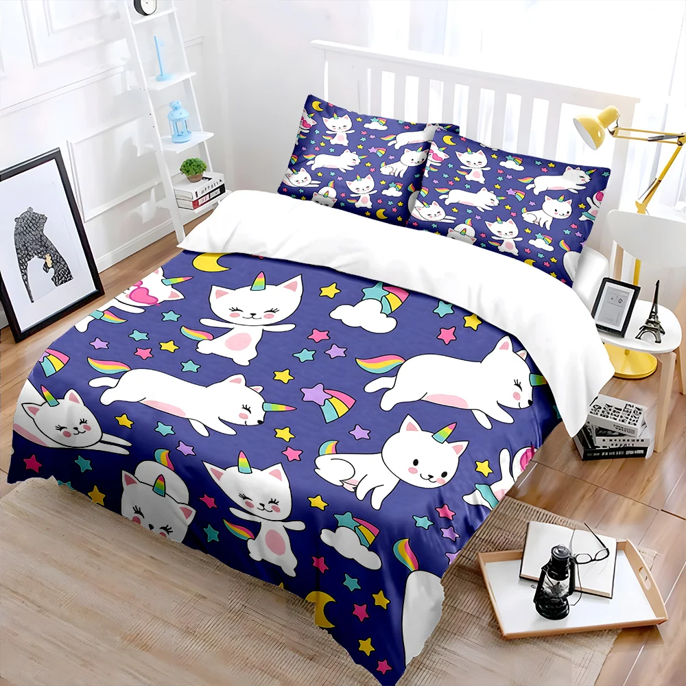 Bettwäsche-Set mit Einhorn-Katzen- und Sternenmuster, 1 Bettbezug, 2 Kissenbezüge für Erwachsene und Kinder, Luxus-Geschenk, volle Größe