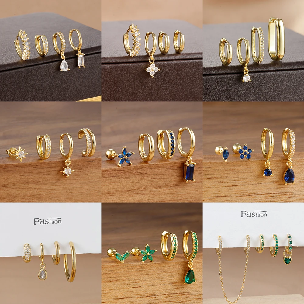 4PCS Stainless cubic zirconia Steel 18K Gold Plated Earrings Zircon Five-Petaled Flowers Hoop Earring For Women Set Jewelry Gift