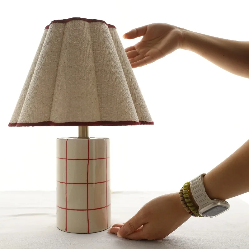 Emporium Zadie Table Lamp Cylindrical Red Ceramics Table Lamps Pleated Fabric Lampshade Living Room Restaurant Office Lights