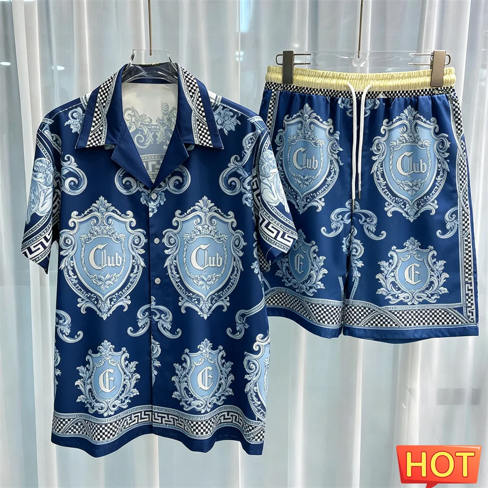 Summer Men's Shirt Set Club Blue Sets Luxury two-piece shirt set Casual home high-end button up shirts pants Men's y2k clothing