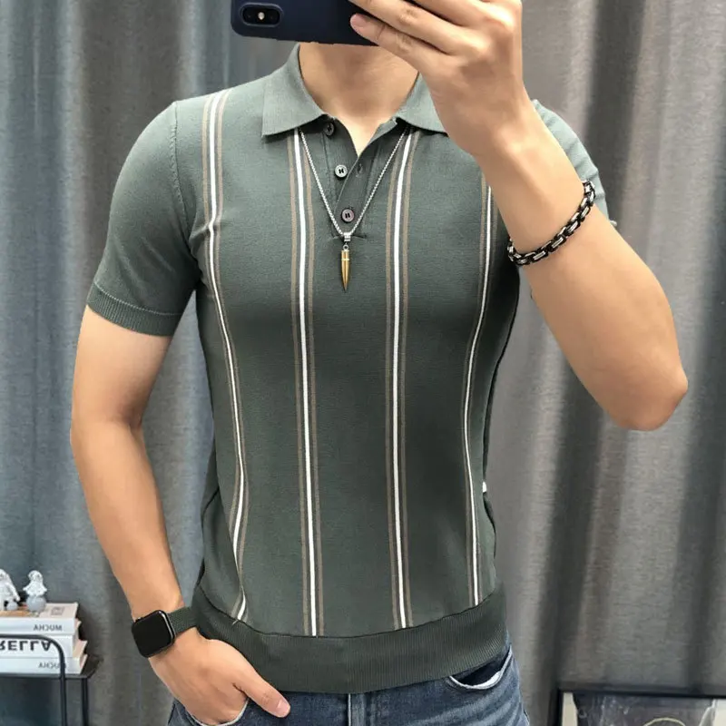 2023 Stripe Contrast Stitching Lapel Short Sleeve Tshirt High Quality Knitted Top Stripe Color Matching Knitted Polo Shirt