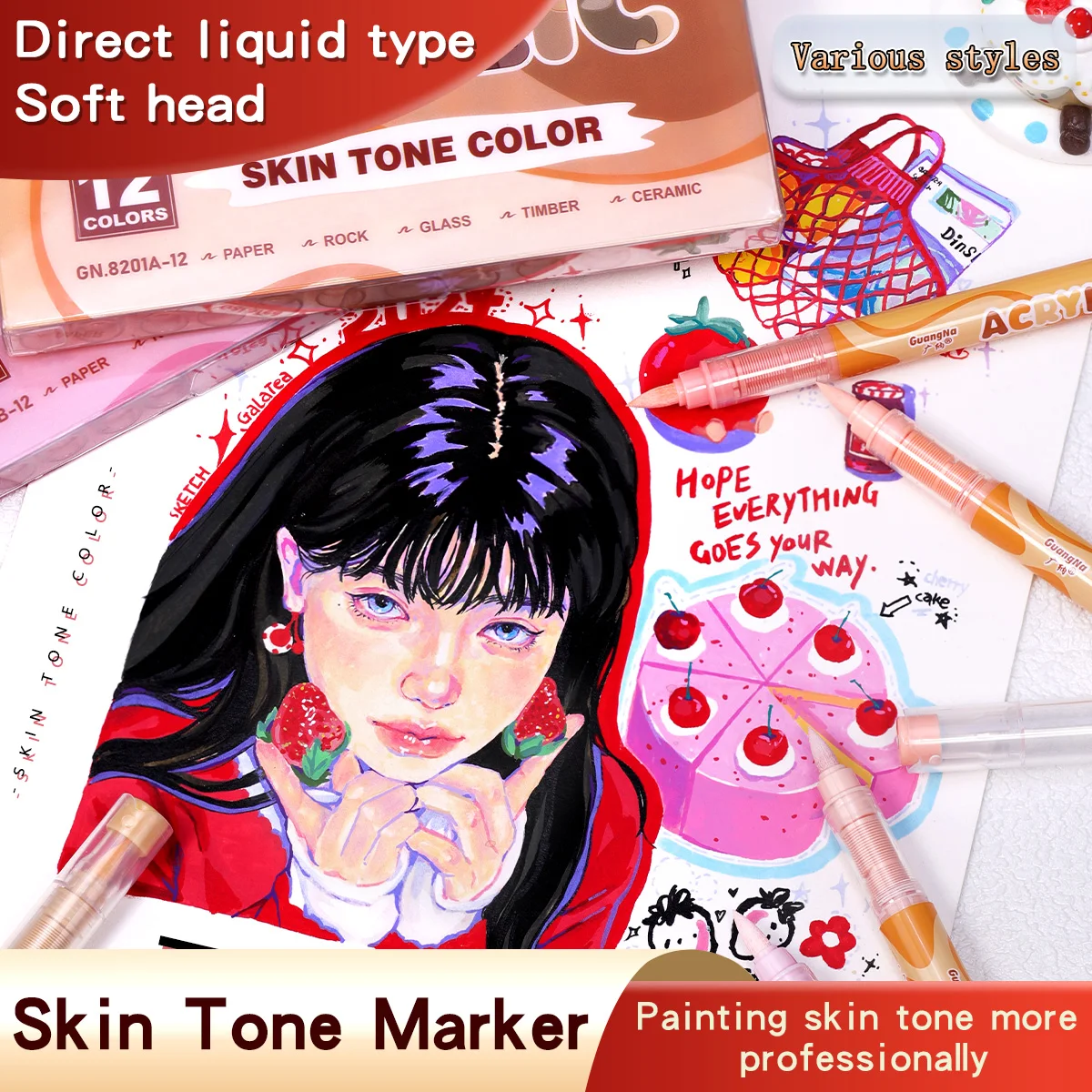12pcs Brush Acrylic Marker Pens Set Skin Tone & Macaron Colors Direct Liquid Soft Head for Illustration Drawing Painting A3098