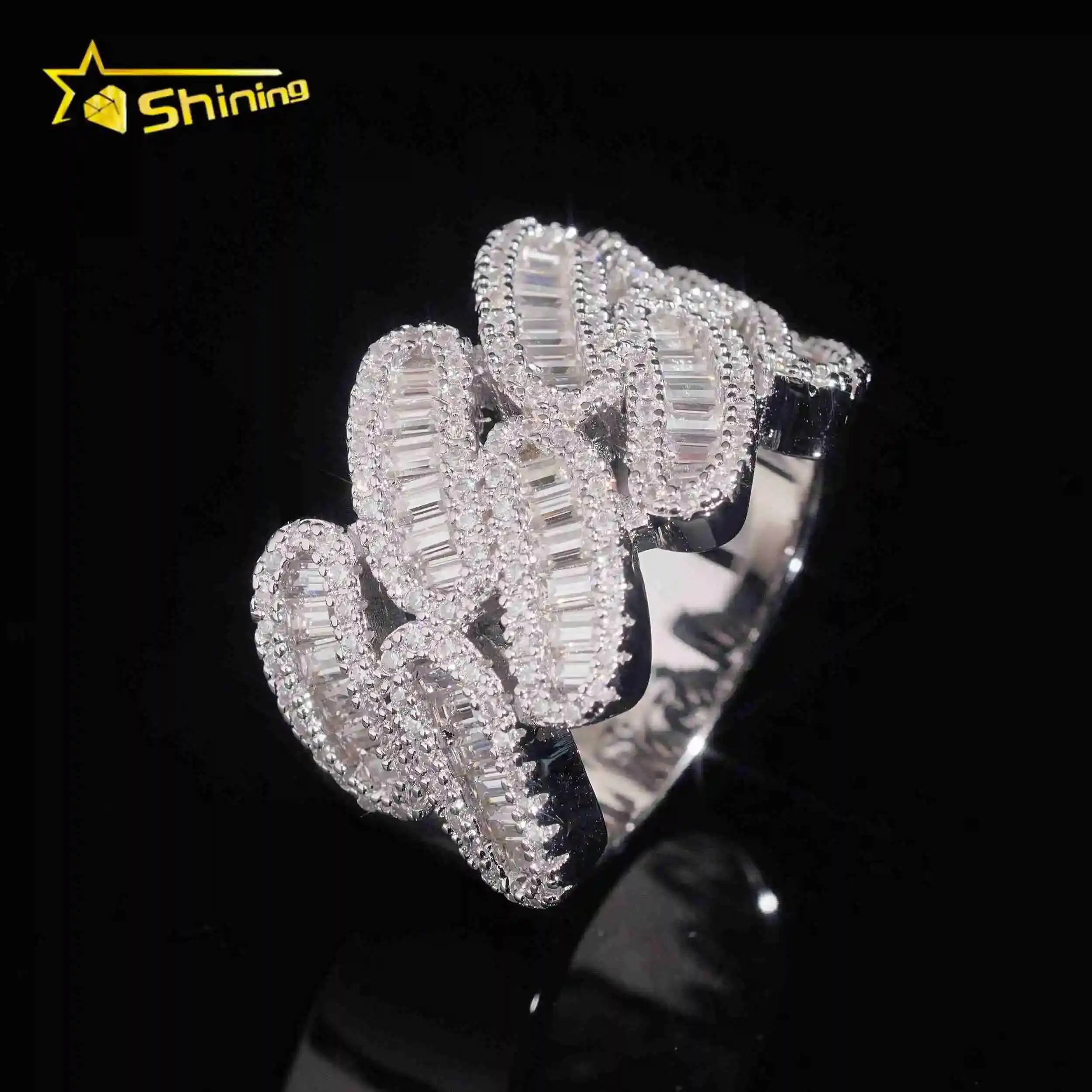 

Hip Hop Jewelry Iced Out Baguette Moissanite Cuban Link Ring GRA Certificated Custom 925 Silver Men Wedding Rings