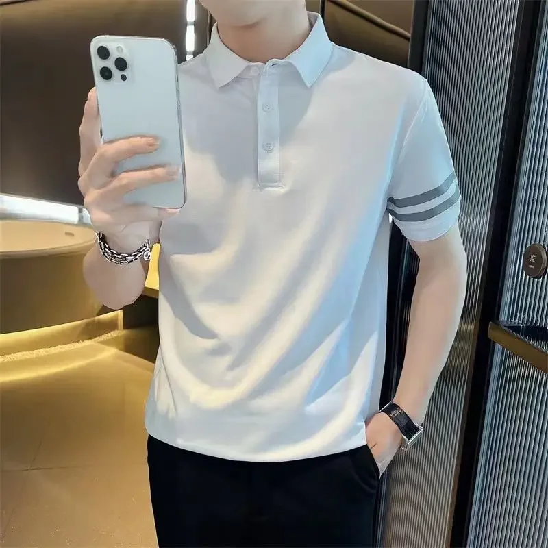 

Skinny Mens With Collar T-shirt Male Polo Shirts Short Quarter Sleeve Smooth Top Quick-drying Hot Party Elastic Cool Tee Loose