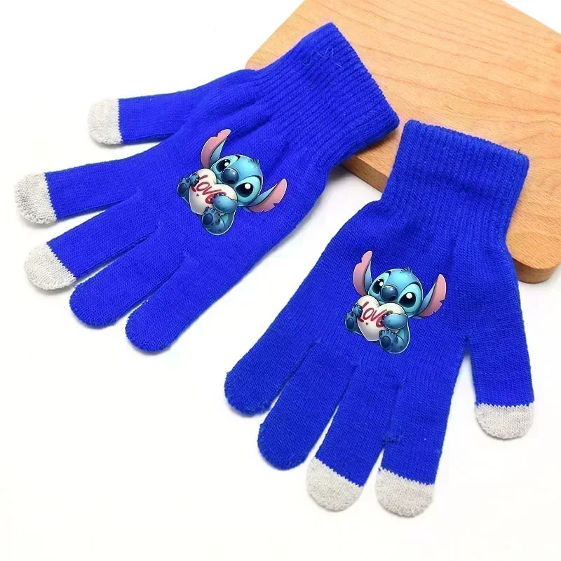 Disney Stitch เด็กใหญ่ถุงมือฤดูหนาว WARM การ์ตูนยืดถัก Mittens หน้าจอสัมผัสน่ารักผู้ใหญ่ห้านิ้วถุงมือของขวัญวันเกิด