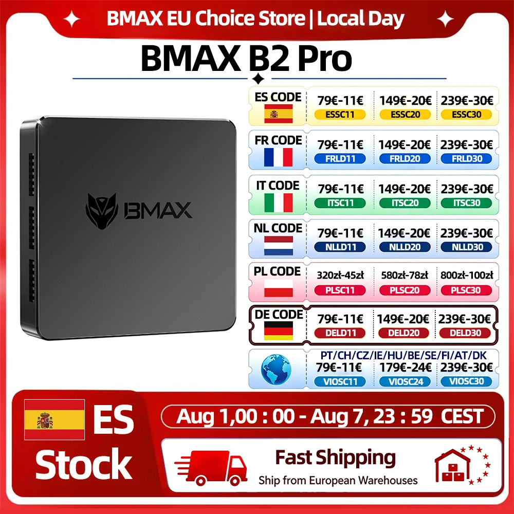 Mini PC BMAX B2 Pro Intel Celeron N4000 8GB RAM 256GB SSD Windows 11 Doble HDMI WiFi 2.4G/5G Bluetooth 5.0 Gigabit Ethernet Ordenador Compacto para Oficina y Hogar
