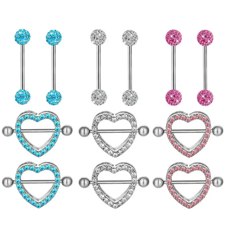 

12pcs/Lot Sexy Double Layer Heart Nipple Shield Ring Flesh Crystal Balls Tongue Bars Helix Piercing Cover Jewelry Mix Styles