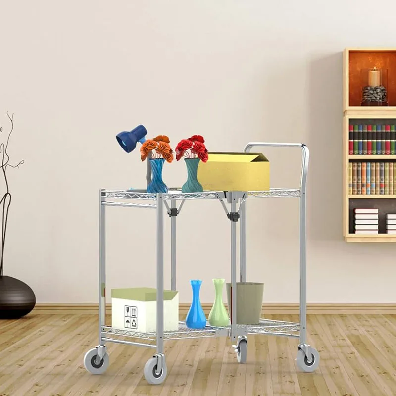 

2 Tier Shelf Collapsible Utility Kitchen Islands & Trolleys Rolling Cart With Wheels Stainless Steel Table Dining Room Sets