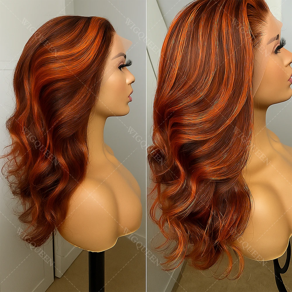 

Ombre Red Copper Highlight Body Wave Human Hair Wig Vietnames 5x5 Lace Front Human Hair Glueless Wigs Ginger Brown Colored Wigs