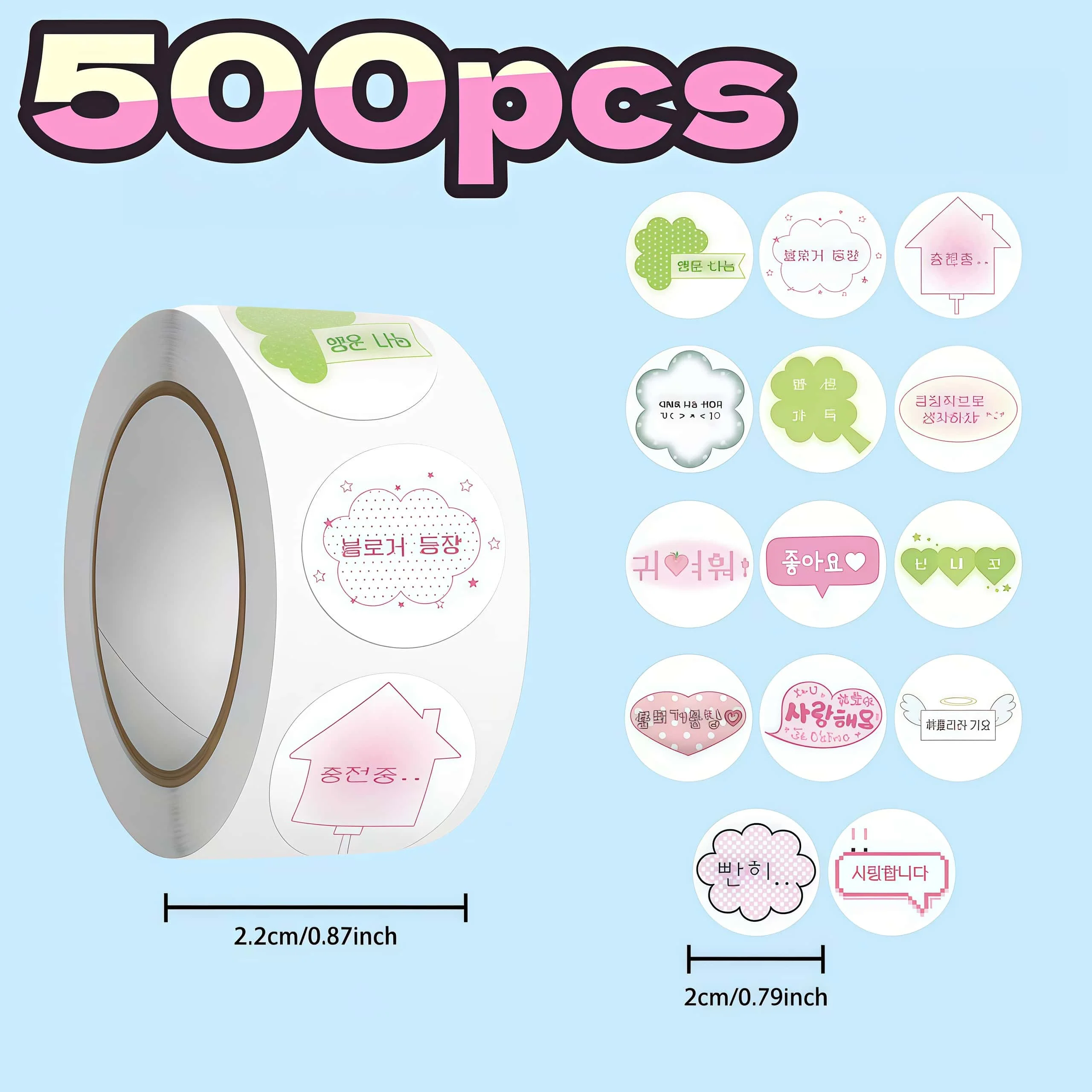 500Pcs Korean Text Round Roll Stickers, Cute Pastel Heart Clover Label Stickers for Journal Packaging DIY Craft Decorations