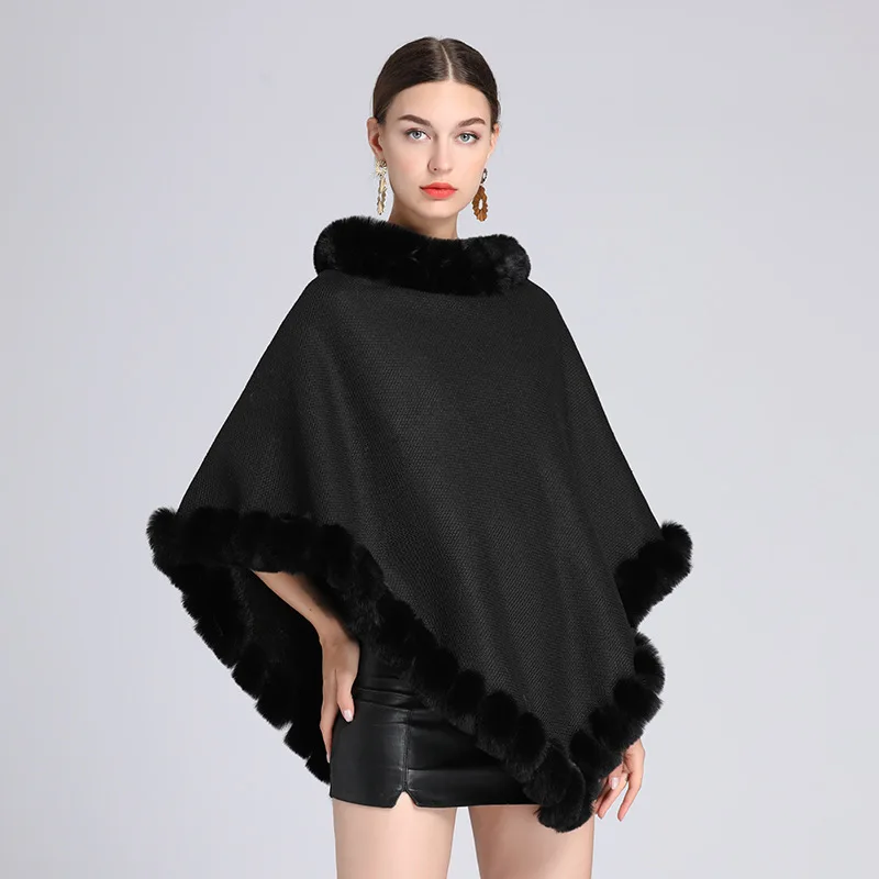 

Women's Velvet Warm Raincoat Layers Capes And Poncho Rain Coat Women Faux Fox Fur Knitted Shawl Cloak Windbreaker Sweater