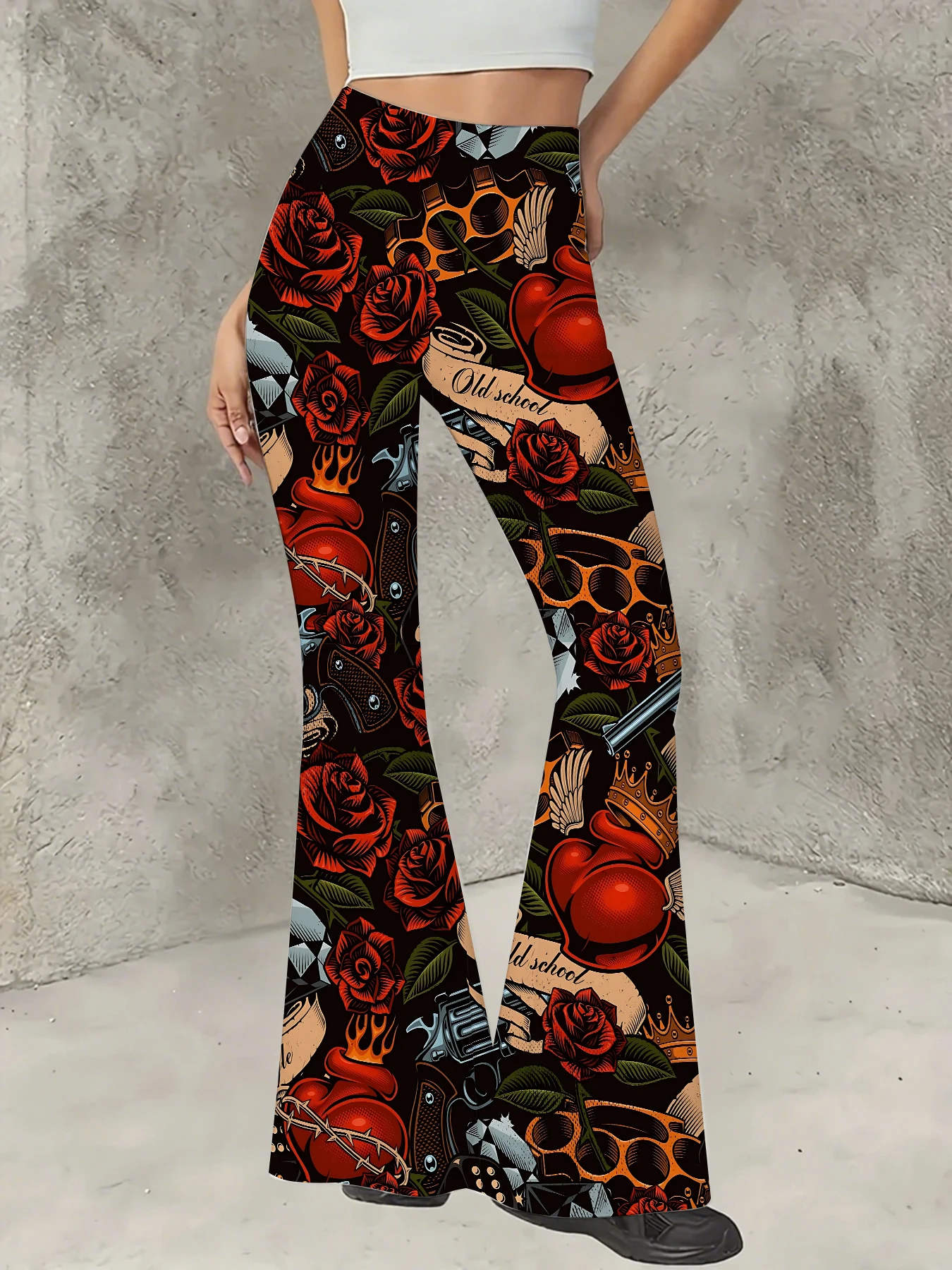 

Retro Printed Flare Pants Women High Waist Polyester Knit Bell Bottom Trousers
