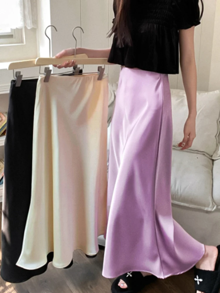 

Elegant Women's Skirts High Waist Silk Satin A-line Skirt Lady Fashion Solid Color Purple Long Skirts for Women Fashion 2023