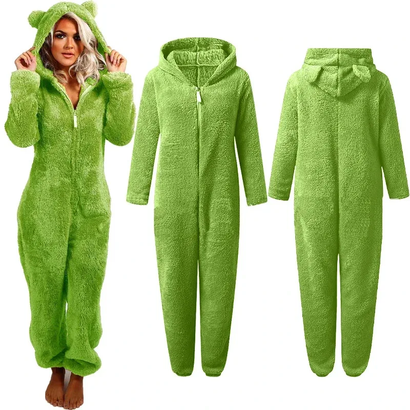 

2023 Zipper Onesies Fluffy Fleece Pajamas for Women Hooded Adult Winter Warm Sleepwear Jumpsuits Loungwear Overall Plus Size 5XL