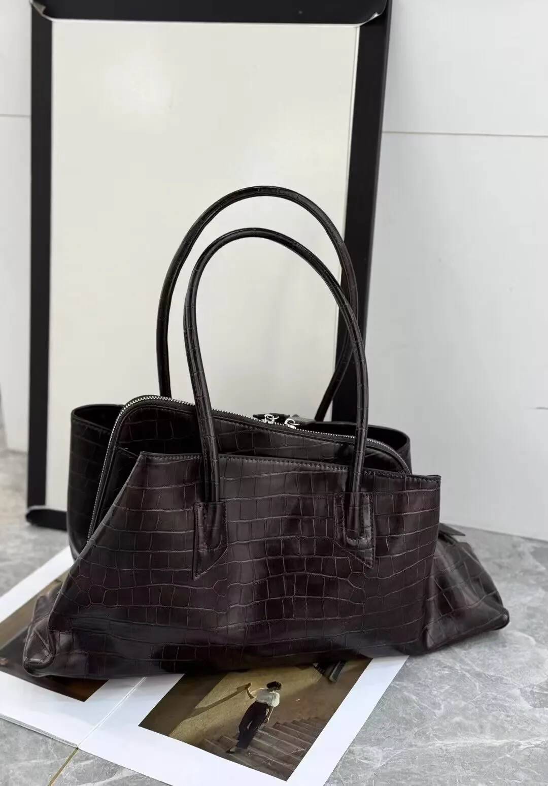 DKQWAIT Crocodile Pattern Pleated Leather Shoulder Bag 3