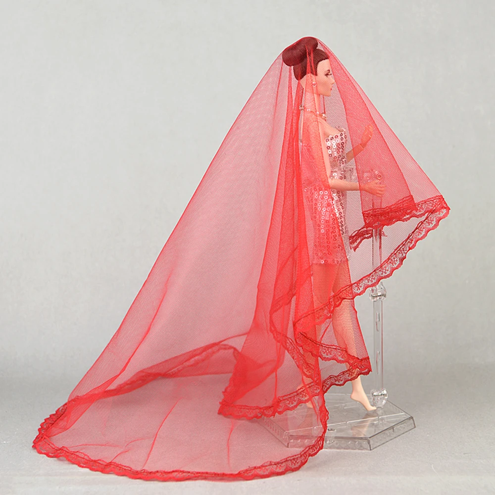 NK 1 Pcs  High Quality Long Veil Bridal Wedding  Red Veils For Barbie Dolls Wedding Dress Veil For 1/6 BJD Dolls Accessories