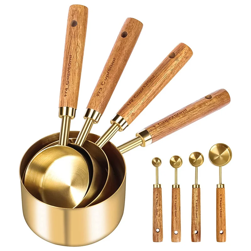 Measuring Cups and Spoons Set of 8, Wood Handle with Metric and US Measurements,Stainless Steel, for Cooking and Baking