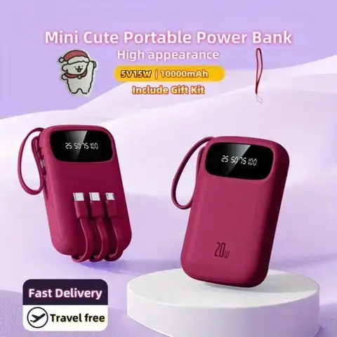 10000mAh Mini Cute 5V15w Fast Charging Power Bank, Small Size Large Capacity Rechargeable Portable Mobile Phone Charger, Built-In 4-In-1 Cable, Digital Display, Micro Interface, Outdoor Travel Battery Packs, For Android
