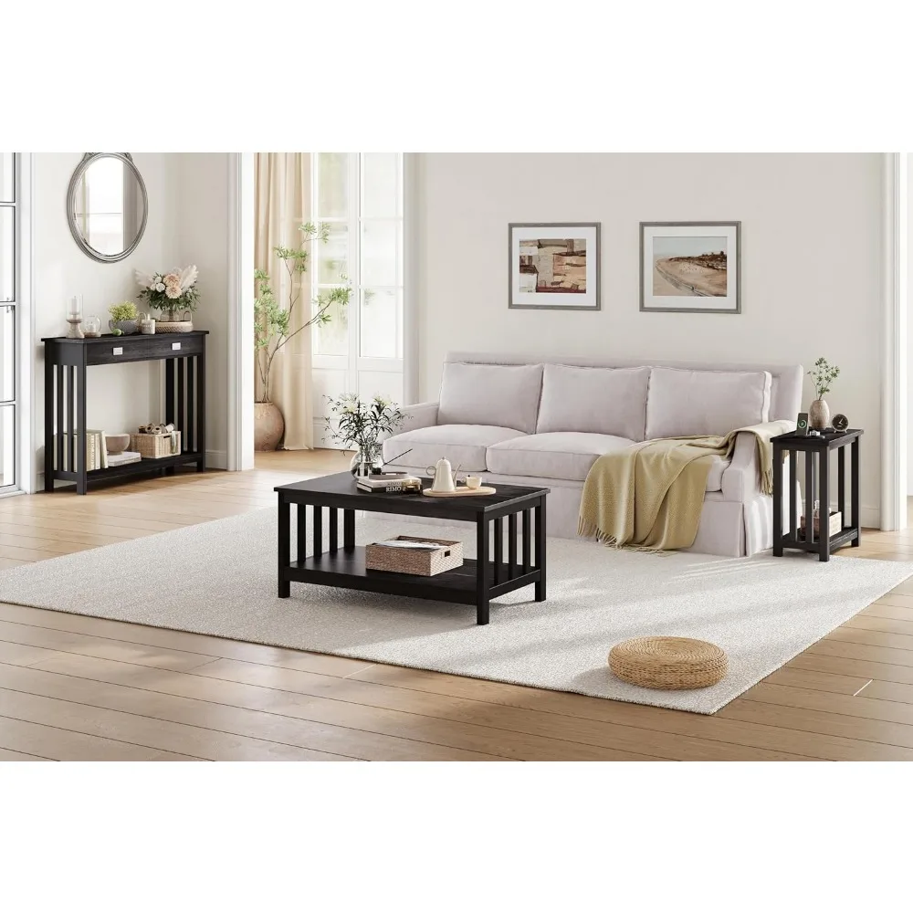 Table basse en bois noir avec étagère, meubles de salon de style Mission, 40 pouces