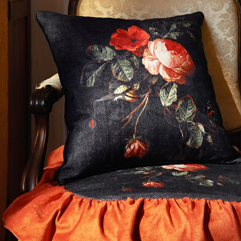 Red Rose Pillows Black Cushion Case Retro American Style Decorative Pillow Cover For Sofa Chair Luxury Home Decorations