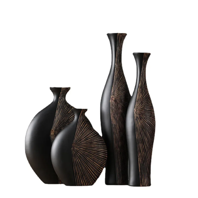 Luxury Retro - style Vertical Black Resin Vase Ideal for New Chinese - inspired Living Room and Entrance Dried Flower Dec