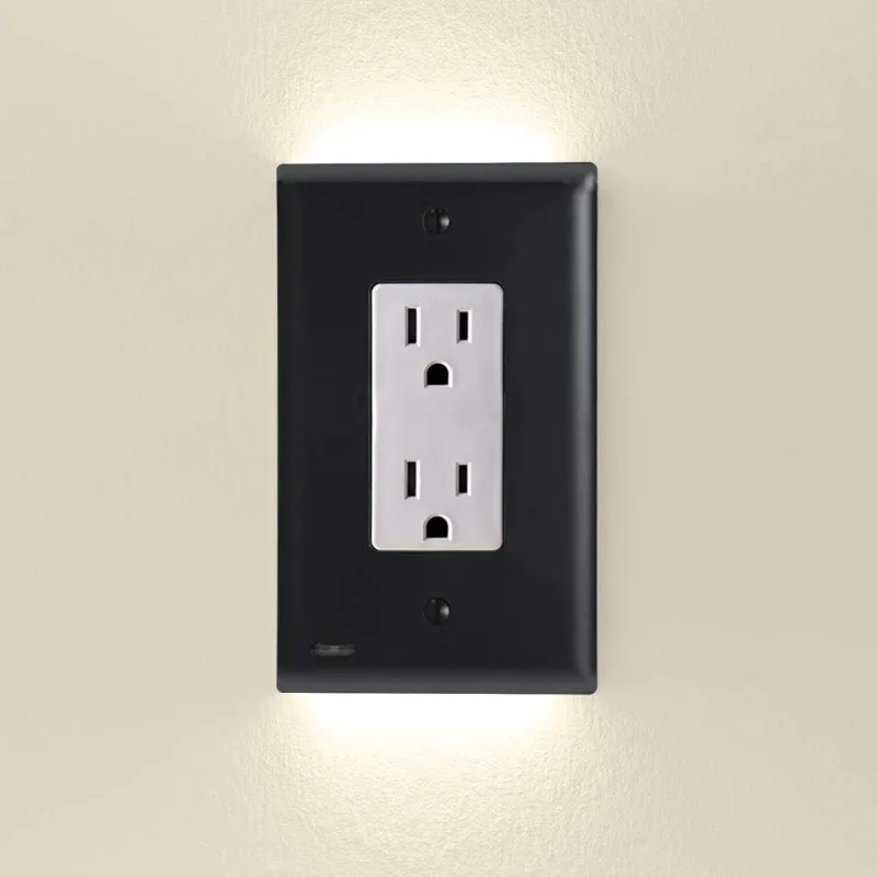Placa de parede de receptáculo elétrico plug-in de tomada elétrica duplex com luzes noturnas LED para cima e para baixo - sensor automático