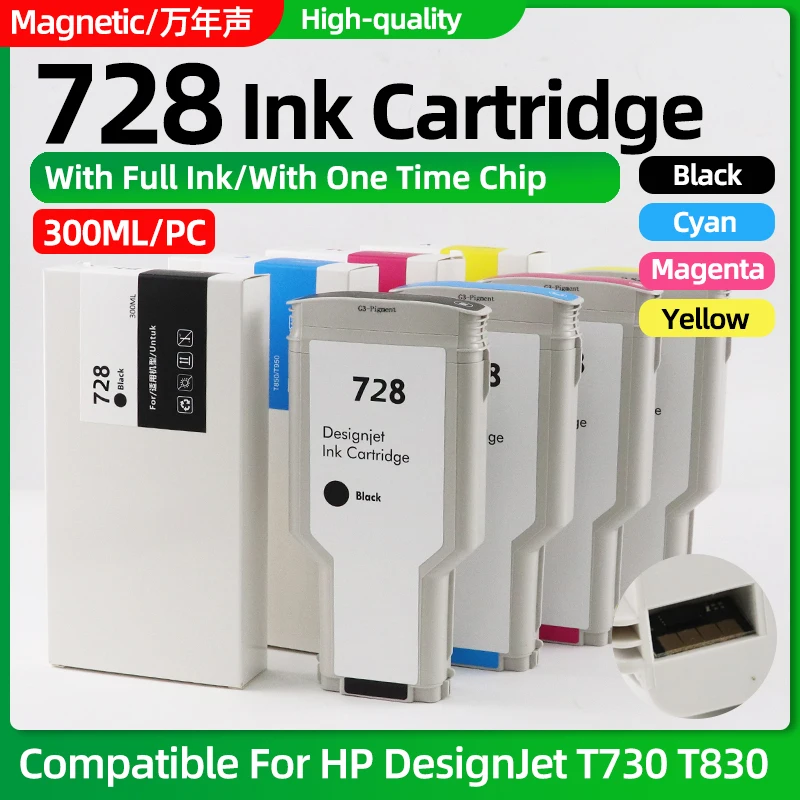 300ML/PC Compatible For HP 728 HP728XL Ink Cartridge For HP DesignJet T730 T830 Printer With Full Pigment Ink&Dye Ink With Chip