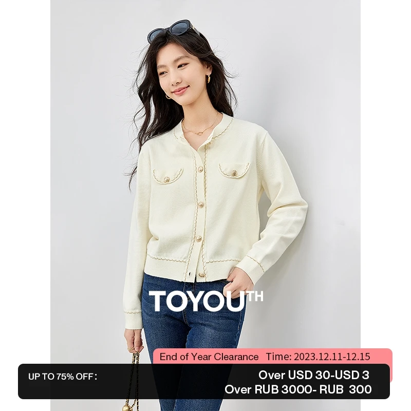 

Toyouth Women Knit Cardigan 2023 Autumn Long Sleeve Round Neck Slim Fit Sweater Premium Buttons Ribbed Edging Elegant Tops