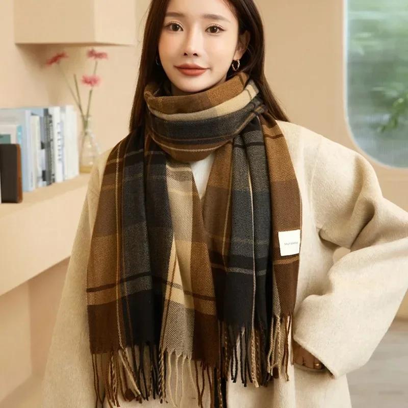 Scarf Women\'s Winter 2024 New Thickened and Warm Imitation Cashmere Plaid Shawl Korean Version Versatile Tassel Neck Wholesale