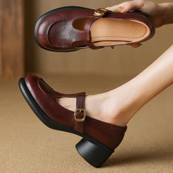 2024 autumn new women's sheepskin chunky heel platform t-strap slip-on pumps OL style female daily dress heeled shoes for woman