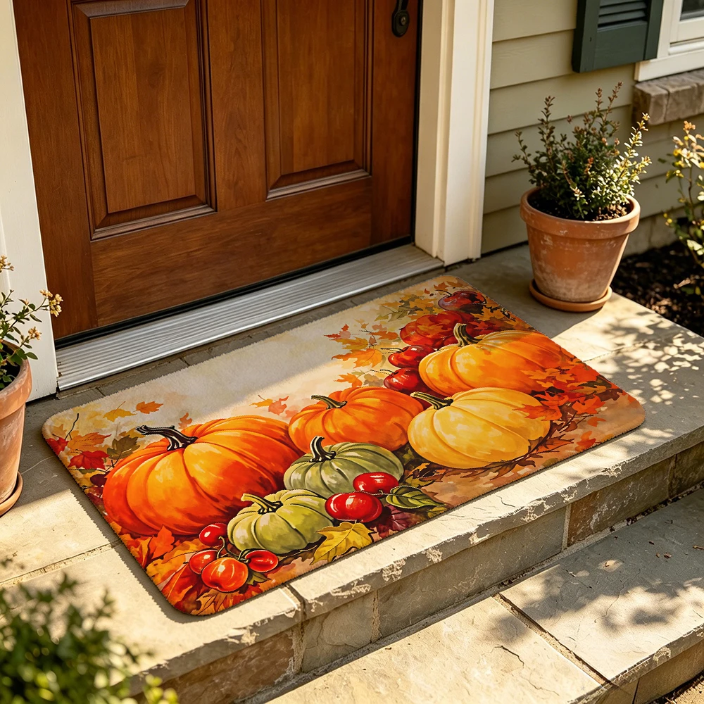 1Pc Autumn Pumpkin Maple Leaf Fruit Flannel Door Mat, Silicone Round Dots Anti-Slip Floor Rug, Stylish Home Decor For Entrywa