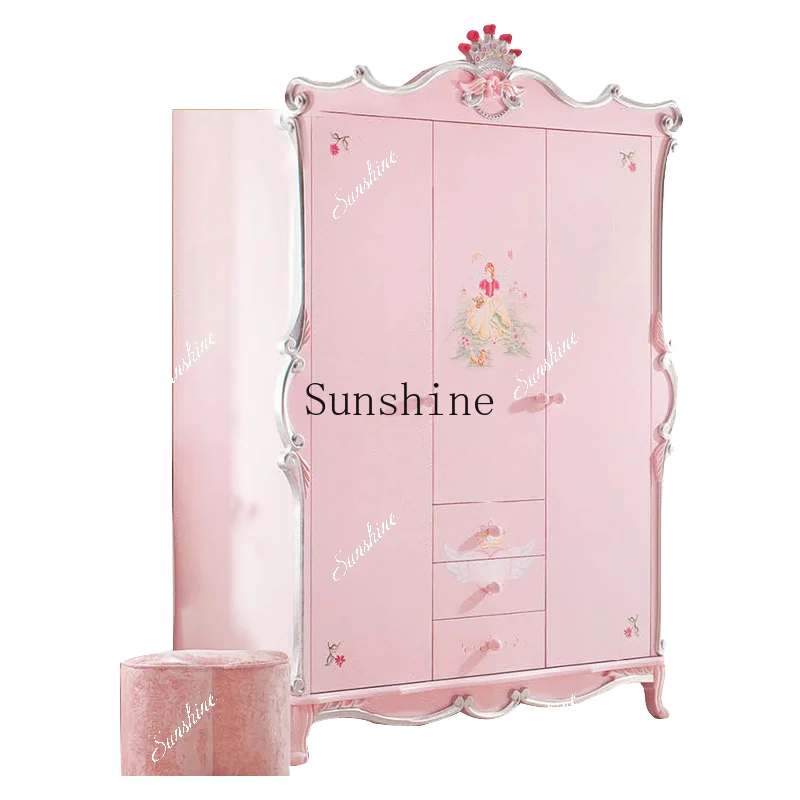 European solid wood wardrobe three doors painted wardrobe villa bedroom pink locker  FT
