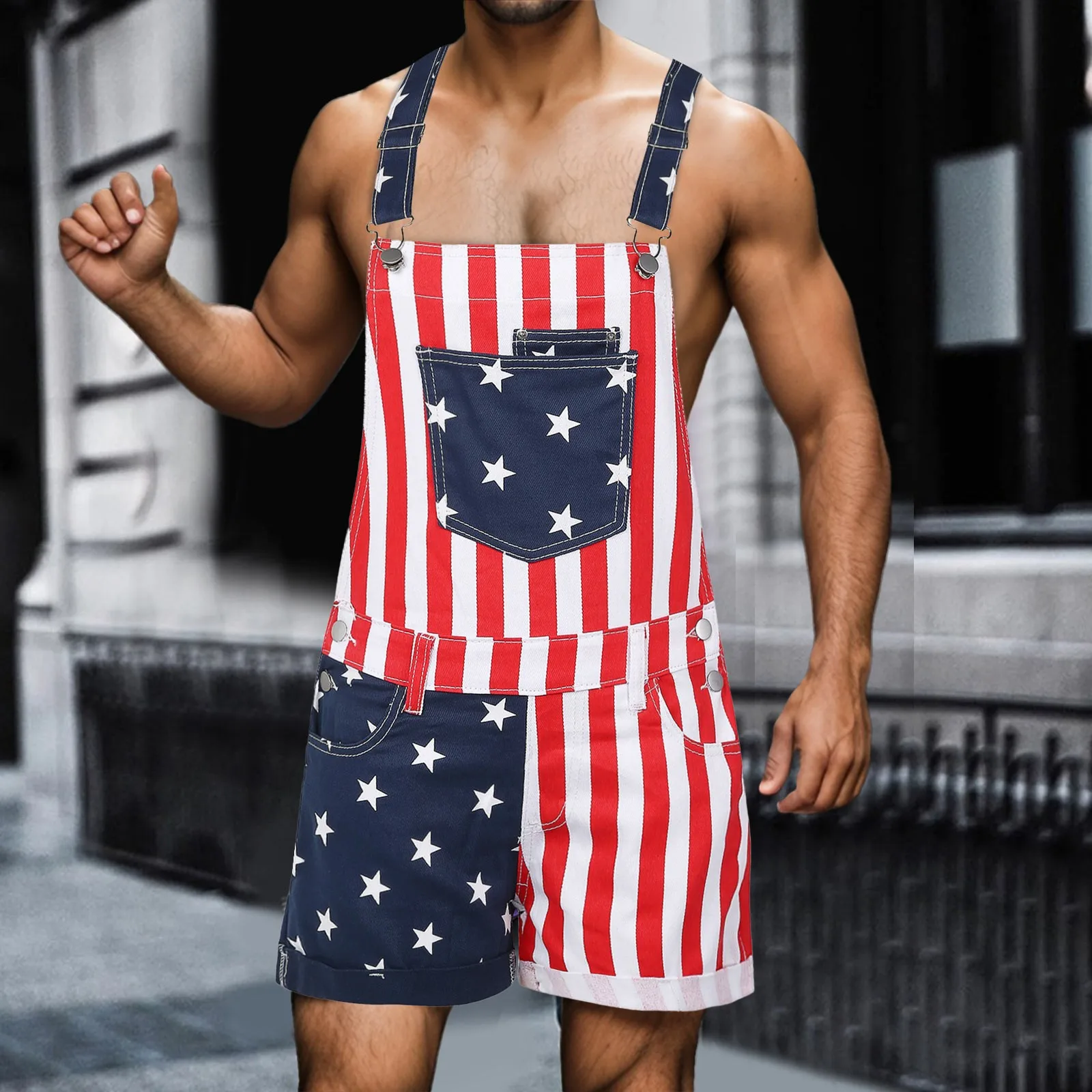 Print USA Flag Men's Jumpsuit Bib Pocket Fashion Mens Overalls Independence Day Casual Short Jumpsuit Summer Men's Overalls