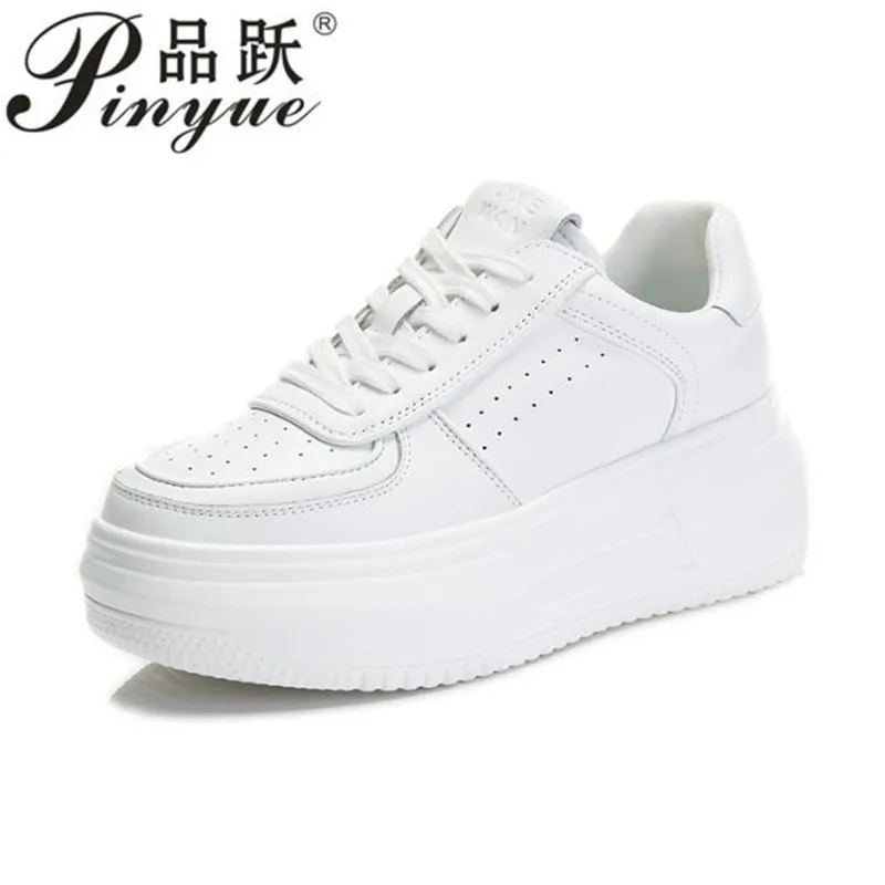 

5cm Newest Light Thick-Soled white Shoes Woman Spring Lace-Up Casual Sneakers Genuine Leather Vulcanized shoes 34 40
