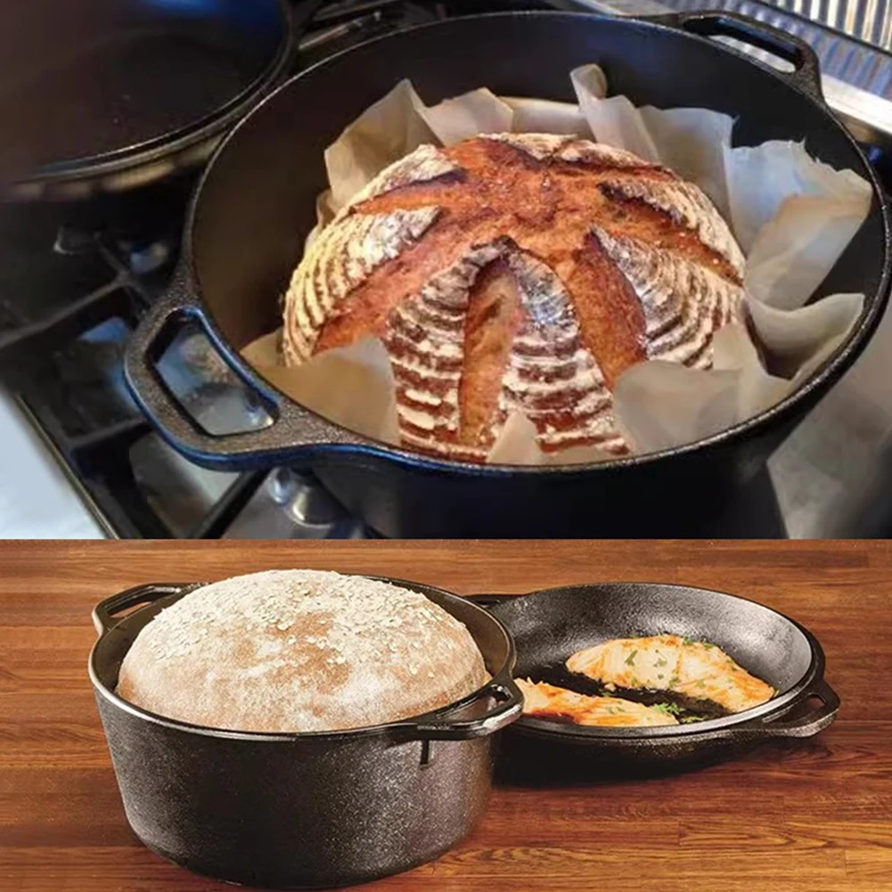 

2 in 1 Cast Iron Dutch Oven with Skillet Lid Dutch Oven Pot with Dual Handles for Bread Frying Baking Camping BBQ
