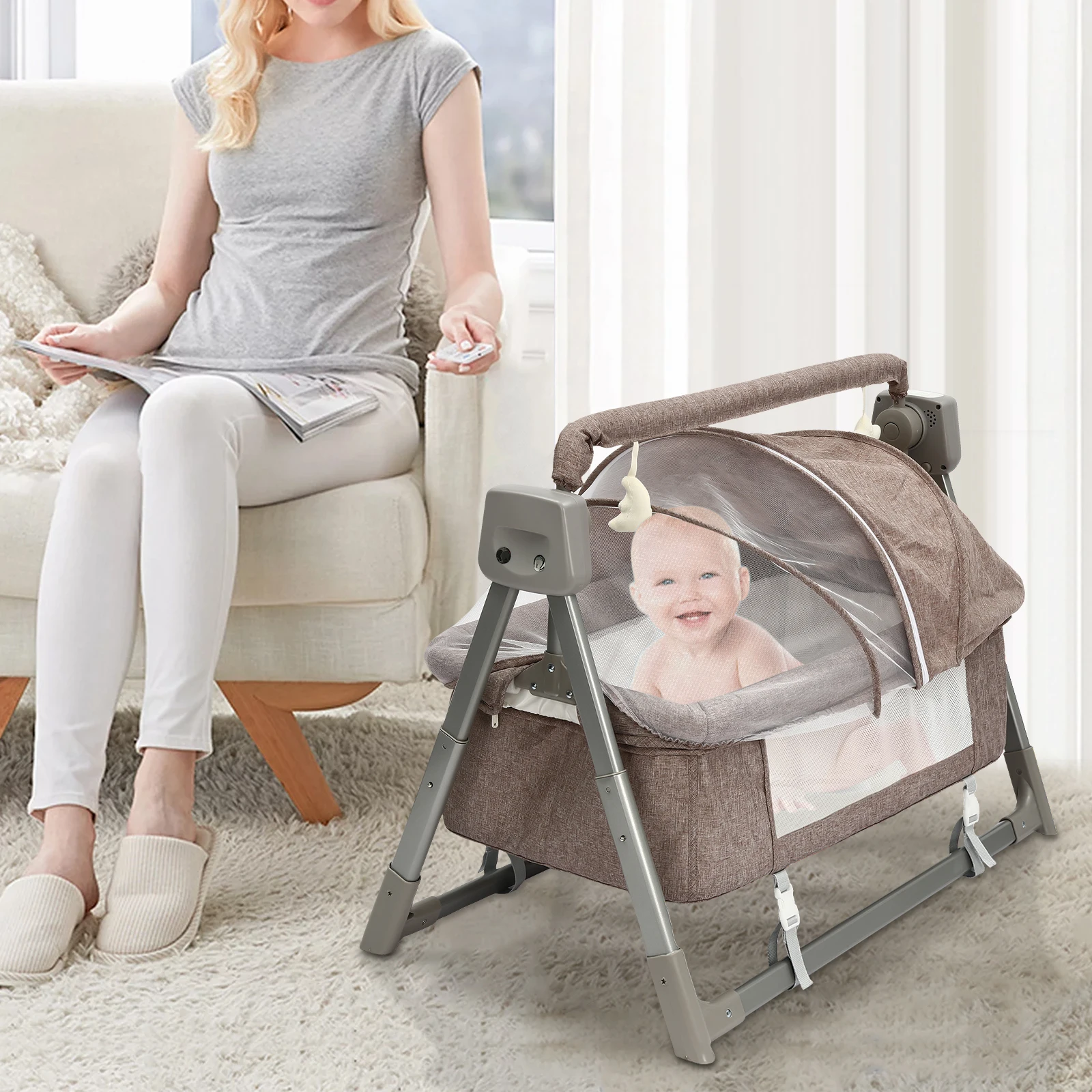 Mecedora de color caqui, cuna eléctrica, cama columpio para bebé, mecedora automática, cuna reclinable, cesta, Control remoto de música, balancín para dormir
